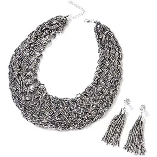 Shop LC Tube Seed Bead Tassel Earrings Braided Statement Bib Necklace Prom Jewelry Sets Mothers Day Gifts for Women 20''
