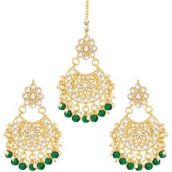 Aheli Faux Kundan Beaded Earrings Maang Tikka Set Indian Bollywood Ethnic Fashion Jewelry for Women