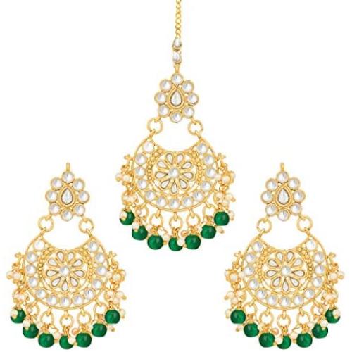 Aheli Faux Kundan Beaded Earrings Maang Tikka Set Indian Bollywood Ethnic Fashion Jewelry for Women