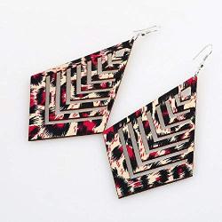 KaFu Lightweight Brown Wooden Earrings Geometric Rhombus Hollow Leopard print Long Drop Dangle Hook Bohemian Wood Earrings for Women Party Jewelry Accessories