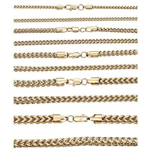 HarlemBling Mens Real Solid Franco Chain - 14k Gold Over Stainless Steel - 3mm 4mm 5mm 6mm 8mm - 18-30''