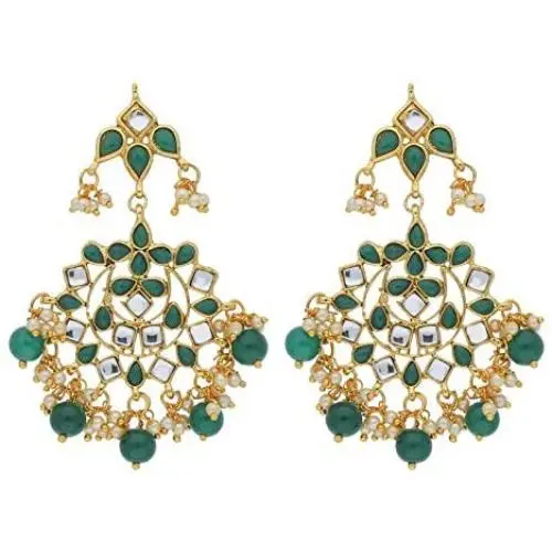 I Jewels 18K Gold Plated Indian Ethnic Chandelier Earrings Encased With Faux Kundan & Pearl For Women/Girls