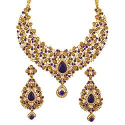 Crunchy Fashion Indian Bollywood Traditional Floral Theme White Rhinestone and Blue Faux Sapphire Bridal Designer Jewelry Necklace Set for Women / Girls
