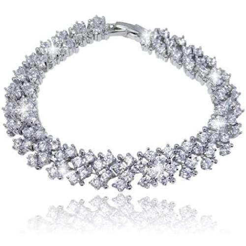 EVER FAITH Womens Round Full Cubic Zirconia Bridal Tennis Bracelet Clear Silver-Tone