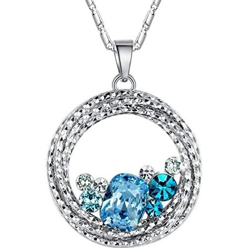 Leafael ''Ocean Wave Crystal Necklace Aquamarine Blue Green Multi Stone Circle Pendant Womens Jewelry, Silver Tone, 18''+2