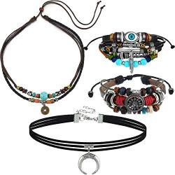 Bohemian Leather Necklace Bohemian Jewelry Set Crescent Choker Leather Necklace Beaded Multilayer Bracelet for Native American Halloween Party Costume Accessories