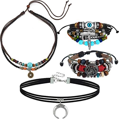 Bohemian Leather Necklace Bohemian Jewelry Set Crescent Choker Leather Necklace Beaded Multilayer Bracelet for Native American Halloween Party Costume Accessories