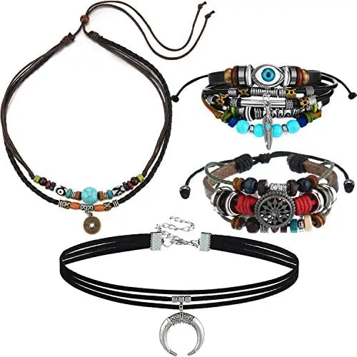 Bohemian Leather Necklace Bohemian Jewelry Set Crescent Choker Leather Necklace Beaded Multilayer Bracelet for Native American Halloween Party Costume Accessories