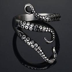 Weelovee 316L Titanium Steel Punk Antique Octopus Ring for Mens Women Adjustable Size Design Jewelry Set Unisex Silver