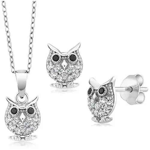 925 Sterling Silver Owl Pendant Earrings Set With 18 Inch Chain Set with Zirconia from Swarovski 925 Sterling Silver Owl Pendant Earrings Set With 18 Inch Chain Set with Zirconia from Swarovski