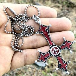 Gothic Jewelry Upside down inverted St Peter Cross Red Punk Rock Biker Heavy-Metal Fashion Satanic Protection Amulet Repel Enermy Magic Pewter Mens pendant necklace Charm Talisman w Silver Ball Chain
