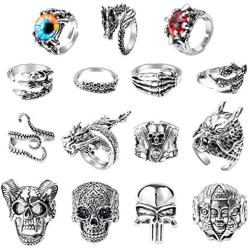 PANTIDE 15Pcs Vintage Punk Rings Set, Stainless Steel Gothic Alloy Biker Adjustable Rings, Skeleton Skull Evil Eye Chinese Dragon Claw Octopus Dragon Rings, Fashion Retro Black Silver Antique Jew