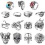 PANTIDE 15Pcs Vintage Punk Rings Set, Stainless Steel Gothic Alloy Biker Adjustable Rings, Skeleton Skull Evil Eye Chinese Dragon Claw Octopus Dragon Rings, Fashion Retro Black Silver Antique Jew