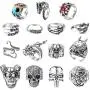 PANTIDE 15Pcs Vintage Punk Rings Set, Stainless Steel Gothic Alloy Biker Adjustable Rings, Skeleton Skull Evil Eye Chinese Dragon Claw Octopus Dragon Rings, Fashion Retro Black Silver Antique Jew