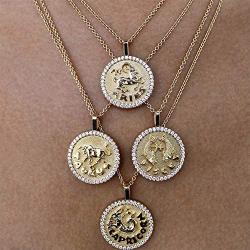 ACC PLANET Constellation Necklace Pendant 14K Gold-Plated Hammered Round Disc Engraved Zodiac Sign Pendant 16.9’’ Adjustable Dainty Necklace Mothers Gifts for Her