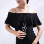 Silver Lover Heart Pendant Fashion Jewelry Black Leather Necklace for Women Long Rope Chain Chokers