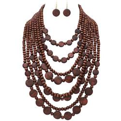 Rosemarie & Jubalee Womens Multi Strand Natural Wood Bead and Disc Necklace and Earrings Bohemian Jewelry Set, 20''-23'' with 3'' Extender