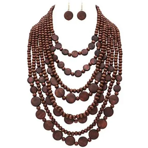 Rosemarie & Jubalee Womens Multi Strand Natural Wood Bead and Disc Necklace and Earrings Bohemian Jewelry Set, 20''-23'' with 3'' Extender Rosemarie & Jubalee Womens Multi Strand Natural Wood Bead and Disc Necklace and Earrings Bohemian Jewelry Set, 20''-23'' with 3'' Extender