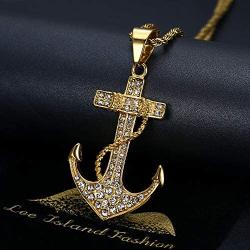 Lee Island Fashion 24K Gold Plated Simulated Diamond CZ Fully Vintage Nautical Anchor Pendant Stainless Steel Necklace For Men, 24 Inch Chain Jewelry