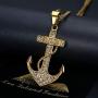 Lee Island Fashion 24K Gold Plated Simulated Diamond CZ Fully Vintage Nautical Anchor Pendant Stainless Steel Necklace For Men, 24 Inch Chain Jewelry