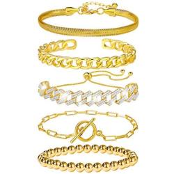 5 Pcs Chain Link Bracelet For Women,14K Gold Plated Dainty Adjustable Cuban Paperclip Bead Bracelets Bangle For Women Girls Jewelry Gifts