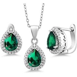 Gem Stone King Sterling Silver Pear Shape Green Nano Emerald Pendant Earrings Set 6.50 cttw with 18 Inch Silver Chain