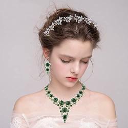 BriLove Wedding Bridal Jewelry Set Crystal Multi Hibiscus Flower Enamel Statement Necklace Dangle Earrings Set Emerald Color Gold-Toned
