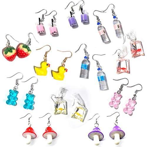 12 Pairs Cute Earrings Weird Earrings Funny Goldfish Earrings Water Bottle Earrings Milk Tea Dangle Earrings for Girls Women