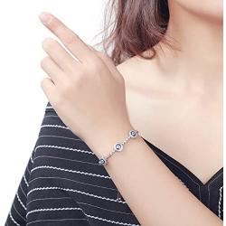 TONGZHE Blue Evil Eyes Tennis Bracelet in Sterling Silver 925 with Cubic Zirconia CZ and Adjustable 10'' Box Chain