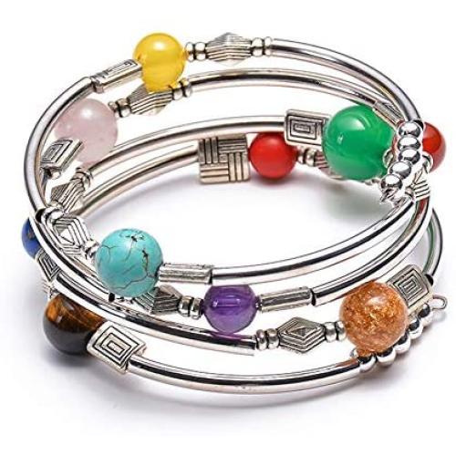 PSEEHEE Natural Semi-Precious Chakra Healing Gemstone Bracelet, Crystal Beads Stretch Unisex Jewelry