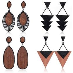 Hanpabum 4Pairs Wood Dangle Earrings Ethnic Statement Drop Earrings Stainless Steel Stud Bohemia Style Jewelry Set