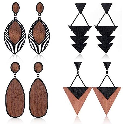 Hanpabum 4Pairs Wood Dangle Earrings Ethnic Statement Drop Earrings Stainless Steel Stud Bohemia Style Jewelry Set