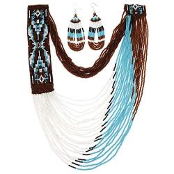 Handmade Beaded Indian Fashion Jewelry Turquoise Blue brown Seed Bead work Necklace Earrings Jewelry 53/3