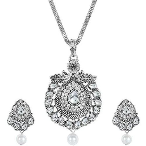 MUCH-MORE Ethnic Silver Pendant Necklace Indian Bollywood Traditional Chain Set For Womens (2554)