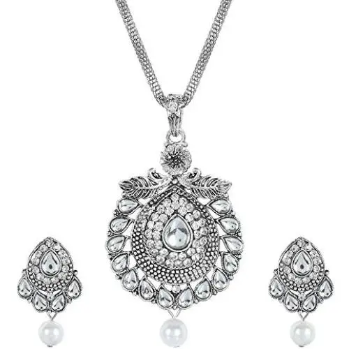 MUCH-MORE Ethnic Silver Pendant Necklace Indian Bollywood Traditional Chain Set For Womens (2554)