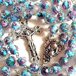 elegantmedical HANDMADE CATHOLIC NICE BULE Veluriyam ROSE BEADS & ITALY CROSS ROSARY necklace GIFT BOX