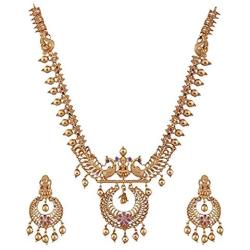 Tarinika Kanti Gold-Plated Indian Jewelry Set with Necklace and Earrings - White Red