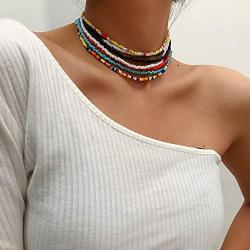 Denifery Rainbow Choker Necklace Rainbow Seed Bead Necklace Cute Necklace Beaded Necklace Beach Necklace for Women for Teen Girls (Style 3)