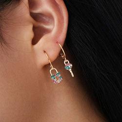Denifery Gold Hoop Earring Lock Key Dangle Drop Boho Simple Earrings Set Delicate Huggie Earrings Hypoallergenic Jewelry Set for Women and Girls (Style 2)