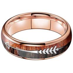 BestTungsten 6mm 8mm Silver/Black/Rose Gold Tungsten Rings for Men Women Wedding Bands Koa Wood Arrow Inlay Domed Plished Shiny Comfort Fit