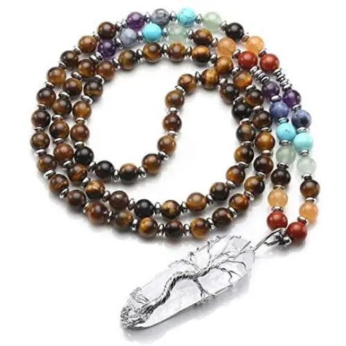 Top Plaza Natural Stone Beads Chakra Healing Crystal Necklace Silver Tree of Life Wire Wrapped Raw Clear Quartz Point Pendant Jewelry for Womens Ladies Top Plaza Natural Stone Beads Chakra Healing Crystal Necklace Silver Tree of Life Wire Wrapped Raw Clear Quartz Point Pendant Jewelry for Womens Ladies