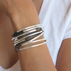 Lizzy Classic Silverplated 4 Strand Metallic Gunmetal Leather Wrap Bracelet (Large (6 5/8'' - 7''))