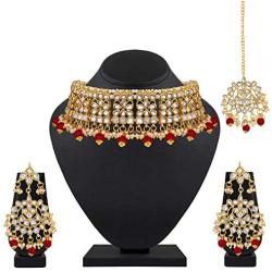I Jewels Indian Gold Plated Traditional Kundan Choker Ethnic Bollywood Designer Jewelry Set with Earrings & Maang Tikka For Women