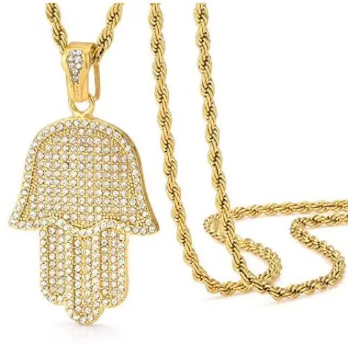 ROWIN&CO Hip Hop Jewelry Iced Out Gold Hamsa Hand of Fatima Evil Eye CZ Pendant Rapper Chains for Men Women Necklace, 24 Inch