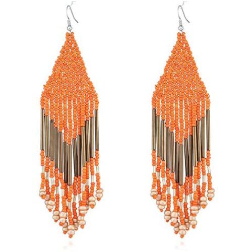 Luluping Long Beaded Tassel Earrings – Large Bohemian Native Statement Bead Dangle Earrings for Women, Big Boho Statement Handmade Beaded Drop Fringe Earrings