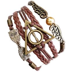 Handcrafted Harry Potter Bracelet,Bronze Owls Wings Golden Bead Charm Leather & Rope Wristband Bracelet