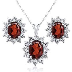 Gem Stone King 925 Sterling Silver Red Garnet Pendant Earrings Set For Women (2.80 Ct Oval with 18 Inch Silver Chain)
