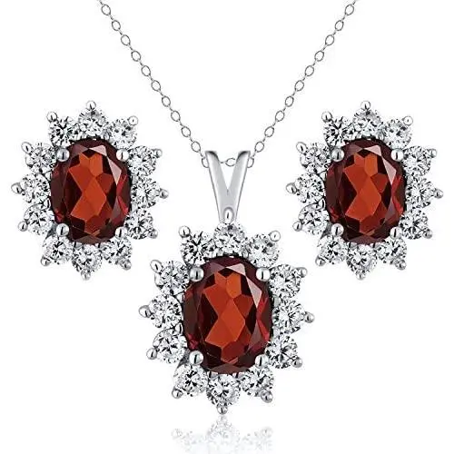 Gem Stone King 925 Sterling Silver Red Garnet Pendant Earrings Set For Women (2.80 Ct Oval with 18 Inch Silver Chain) Gem Stone King 925 Sterling Silver Red Garnet Pendant Earrings Set For Women (2.80 Ct Oval with 18 Inch Silver Chain)