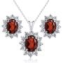 Gem Stone King 925 Sterling Silver Red Garnet Pendant Earrings Set For Women (2.80 Ct Oval with 18 Inch Silver Chain)
