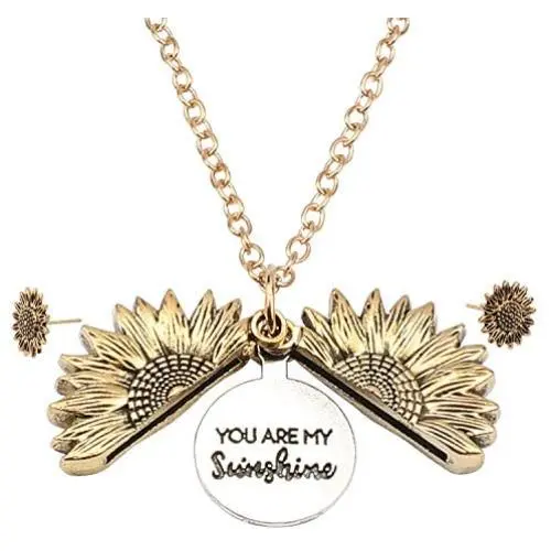 Sunflower Necklace You are My Sunshine Necklace and Sunflower Earrings Set, Engraved Pendant Sunflower Locket for Women and Girls- Golden Sunflower Necklace You are My Sunshine Necklace and Sunflower Earrings Set, Engraved Pendant Sunflower Locket for Women and Girls- Golden